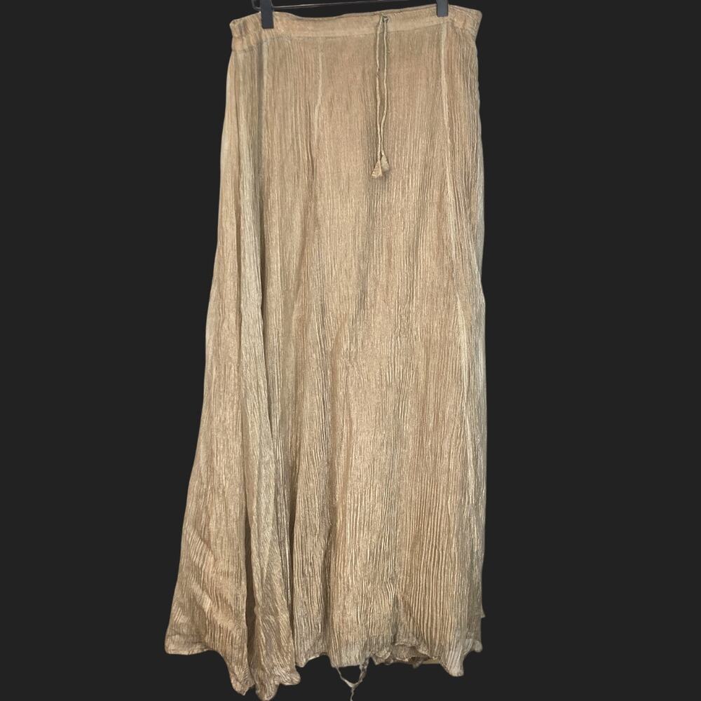 Vintage Gold Metallic Pleated Crinkle Textured Maxi Skirt Size L FLAW Fairy Boho